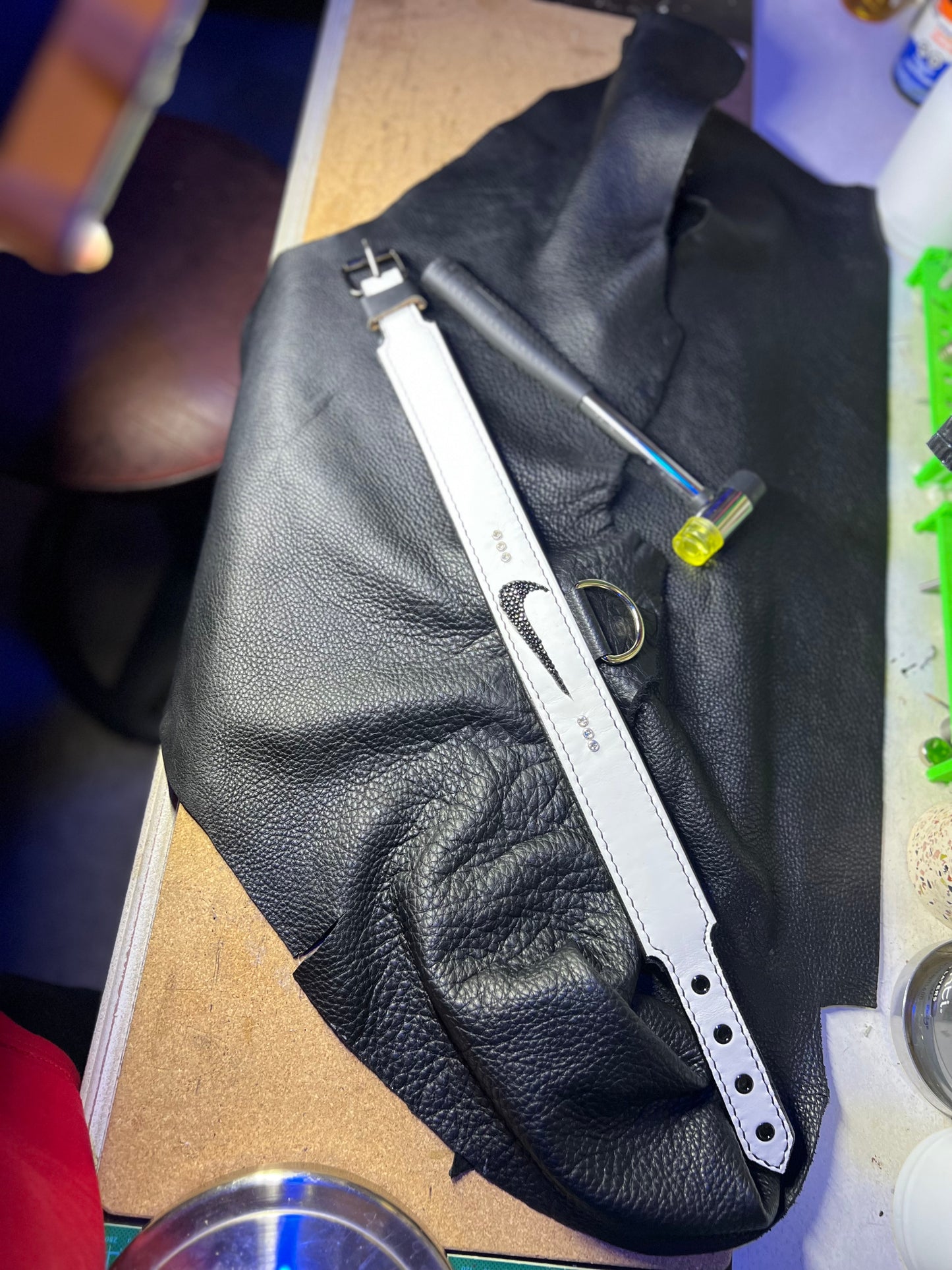 Custom White Leather Swoosh collar